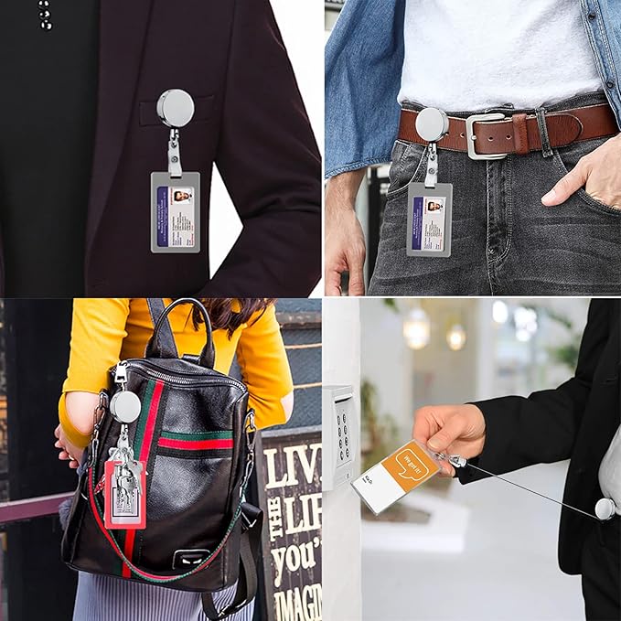 Will Well ID Badge Holder Reel with Clip and Keyring - Heavy-Duty All-Metal Casing with 27.5"UHMWPE Fiber Pull Cord for Durability and Easy Access, Holds up to 8 Keys - 2-Pack, Round, Glossy Silver