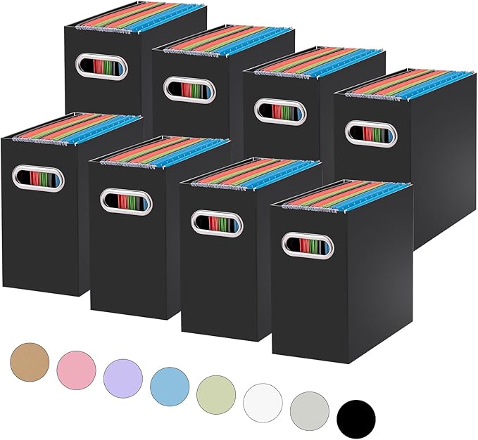 Oterri File Organizer, Small Storage Box, Cardboard File Folder Organizer, Collapsible File Box, Hanging File Organizer for Letter Size, Portable File Box with Handle, Only Box（Black，8 Packs）
