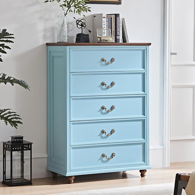Farmhouse 5 Drawer Dresser Set of 2 for Bedroom, 45" Tall Vintage Chests of Drawers w/ 4 Solid Wood Feet, Mid Century Rustic Closet Storage Dressers Organizer for Living Room, Light Blue