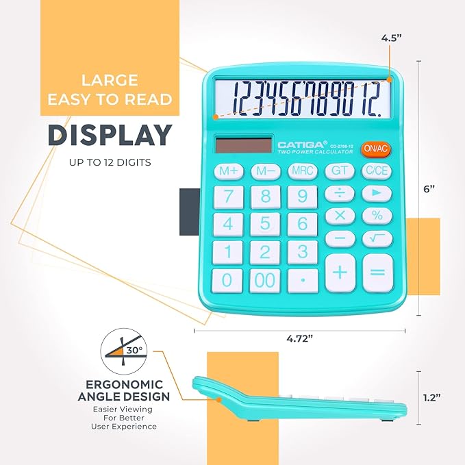 CATIGA Desktop Calculator (2 Pack) 12 Digit with Large LCD Display and Sensitive Button, Solar and Battery Dual Power, Standard Function for Office, Home, School, CD-2786 (Light Blue/Light Pink)