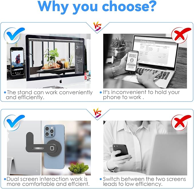 CloudValley Adjustable Laptop Stand, Magnetic Phone Holder, Aluminum Slim Computer Monitor Side Mount Clip for iPhone MagSafe Series & All Phones, Portable Foldable Computer Expansion Bracket, Black