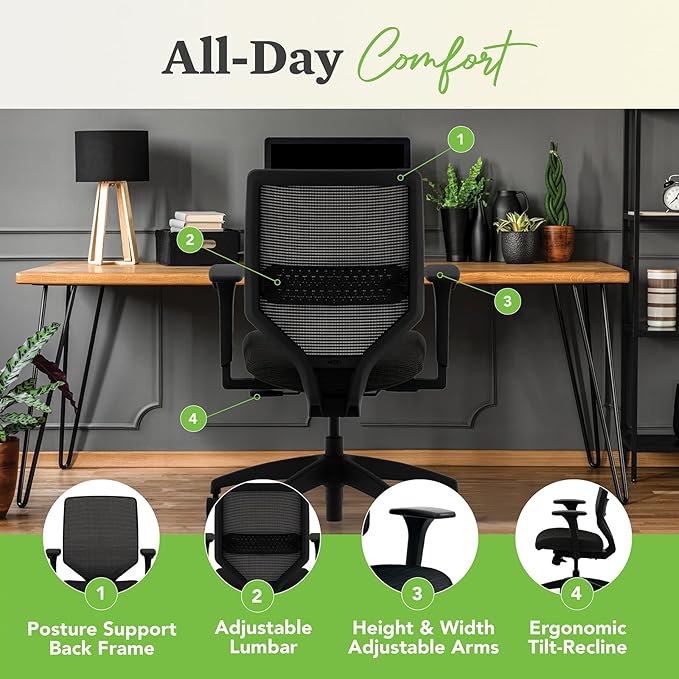 HON Solve Mesh Back Office Chair with Adjustable Arms, Adjustable Height, Tilt Tension, Lumbar Support, Swivels, on Rolling Wheels, Midnight
