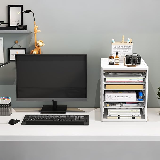 5 Tray Paper Organizer with Doors - Desktop File/Letter Organizer, Plastic Paper Sorter with Drawers for Office, Home or School - Dust-Proof Design