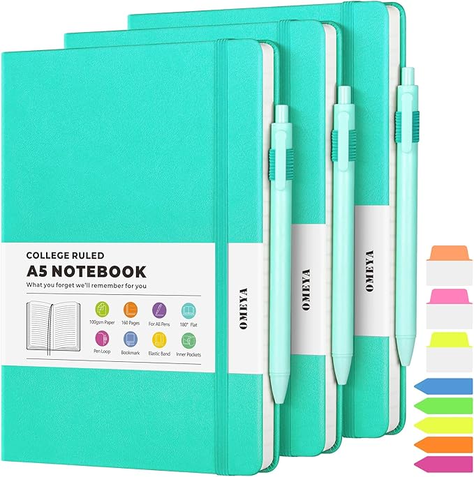 Lined Journal Notebook, 3 Pack A5 College Ruled Notebooks for Work, Hardcover Notebook Each with 2 Pockets & Pen, Leather Journal for Women, Men, 160 Pages, 100GSM Thick Paper ( Blue 5.7" x 8.3" )