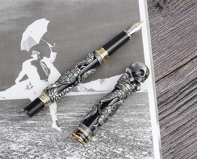 Jinhao Black Snake Fountain Pen Fine Nib with Skull Head Solid Metal
