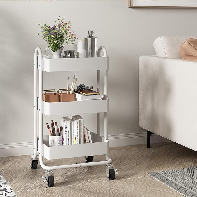 3-Tier Rolling Cart,Metal Rolling Utility Cart with Handle,Steel Multifunction Carts with Wheels,Kitchen Storage Carts Suitable for Office,Home,Kitchen,Garden（13.4"x18.1"x31"） White
