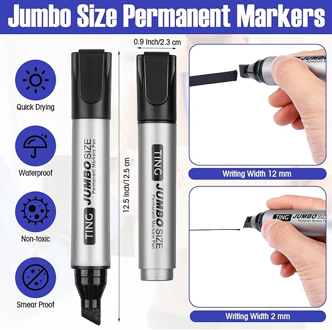 Fuutreo 32 Pcs Jumbo Permanent Markers Bulk Large Chisel Tip Permanent Markers Waterproof Jumbo Pens Quick Drying Office Teacher Supplies(Black, Green, Blue, Red)