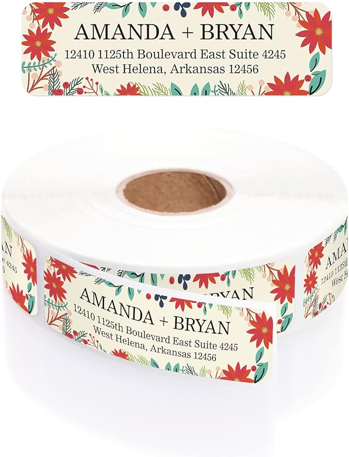 Ivory Holiday Floral Rolled Address Labels/Roll of 250 Personalized Return Address Labels/Designer Return Address Stickers in Elegant Plastic Dispenser