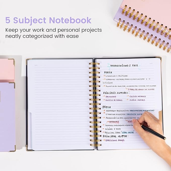 Hardcover Spiral Notebook with Tabs 8"x10" Large Spiral Lined Journals for Women with Dividers 240 Pages College Ruled Composition Notebook 5 Subject Notebook for Work, Back to School, Gifts, Purple