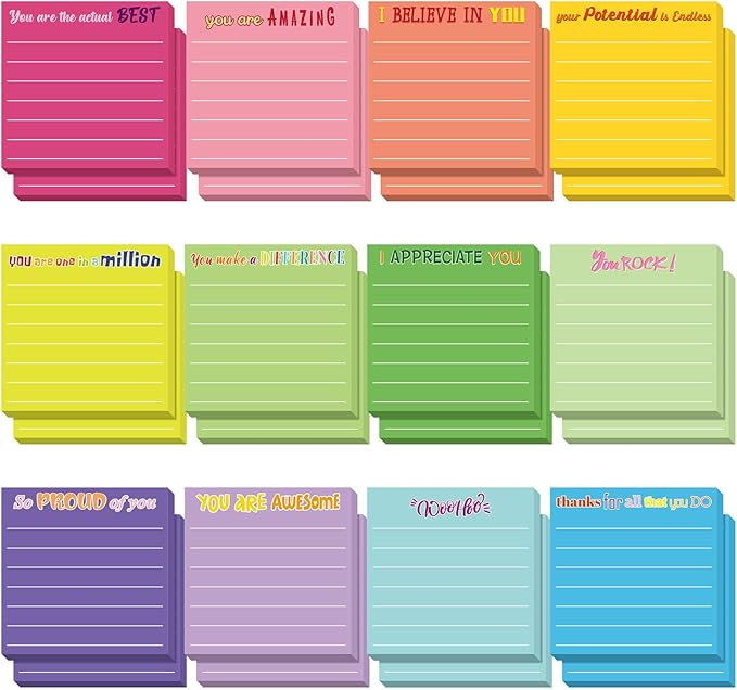 Yinder 24 Pcs Inspirational Sticky Notes with Lines Cute Motivational Sticky Notes Pad Employee Appreciation Gifts Bulk for Teacher Nurse Coworkers Office Supplies 3 x 3''(Dark Color,Appreciation)