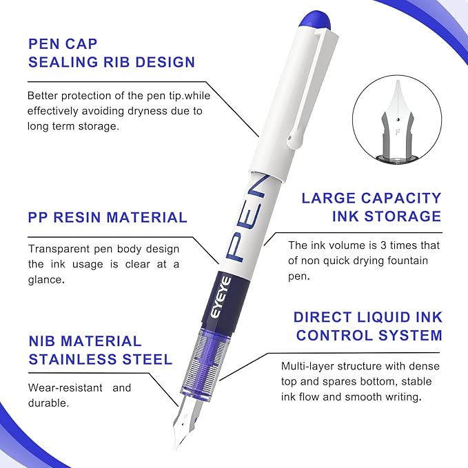 EYEYE Disposable Fountain Pens, 8 Pack 3 Colors Fine Point Pens Stainless Steel Nib, Fountain Pens Smooth Writing for Calligraphy, Journaling, Drafting, Sketching, Doodling & Office Supplies