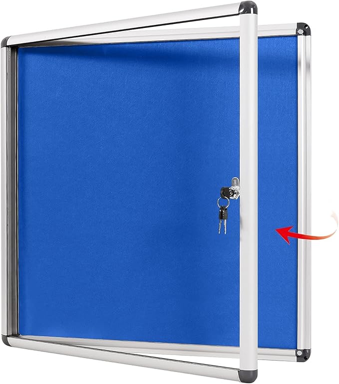 Swansea Blue Fabric Lockable Noticeboard Enclosed Pin Bulletin Board Glass Display Case for Wall Office School 6xA4