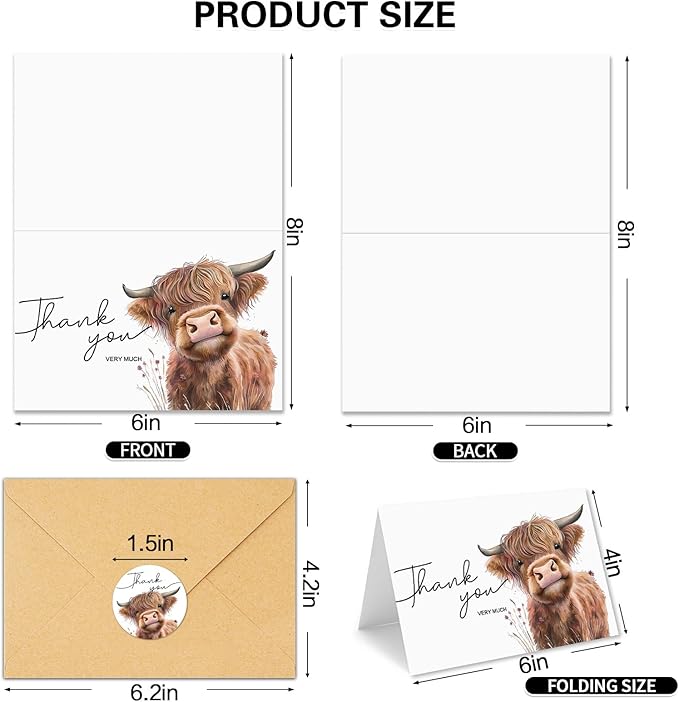 50 Pack Highland Cow Thank You Cards with Envelopes, 4x6 In Farm Design Greeting Cards Sympathy Cards Bulk for Wedding, Baby & Bridal Shower- with Stickers