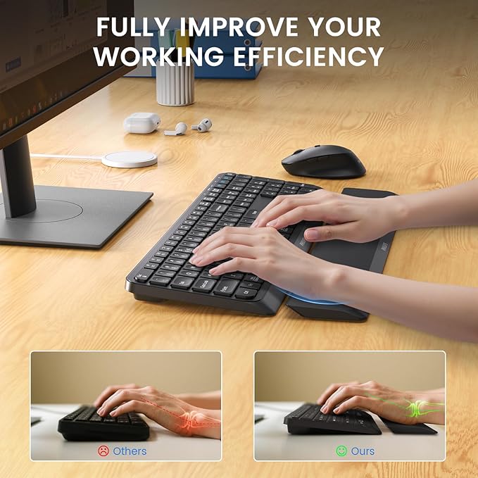 PHILIPS Bluetooth Keyboard and Mouse Combo - Bluetooth 2.4Ghz Wireless Keyboard and Mouse,Ergonomic Design with Palm Rest,3-Device Connectivity, 5 DPI Mouse, Long Battery for Office & Home -Black