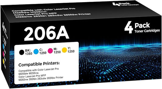 206A Toner Cartridge 4Pack Compatible with HP 206A 206X Toner Set for HP Color Laserjet Pro M255dw M255nw MFP M283fdw M283cdw M282nw M283fdn Ink（Black/Cyan/Yellow/Magenta