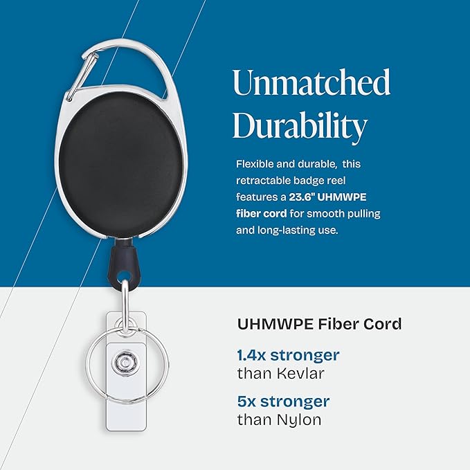 Will Well ID Badge Holders with Clip and Keyring - Vertical Clear Plastic 2.52" x 3.58" Sleeves Fit Up to 3 Cards - Retractable 24" UHMWPE Fiber Pull Cords for Easy Access - 2-Pack, Black Reels