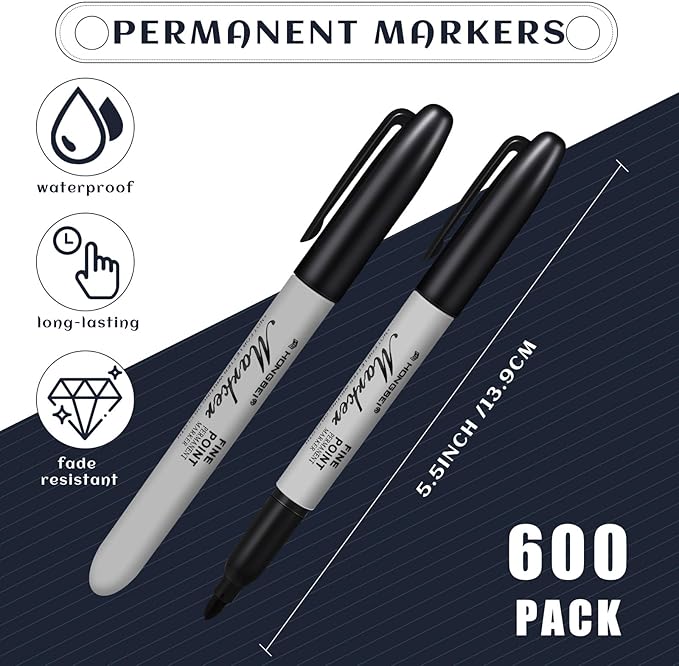 Thenshop 600 Pack Permanent Markers Bulk Black Permanent Marker Set Fine Point Pens Work on Wood, Metal, Stone, Glass