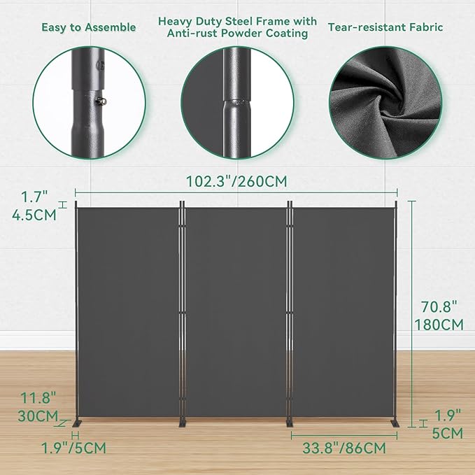 Helios&Hestia 3-Panel 6 ft Tall Indoor Folding Room Divider, Portable Privacy Screen, Freestanding Partition Separator, Temporary Wall Separation for Bedroom, Office, 102" W X 71" H, Dark Grey