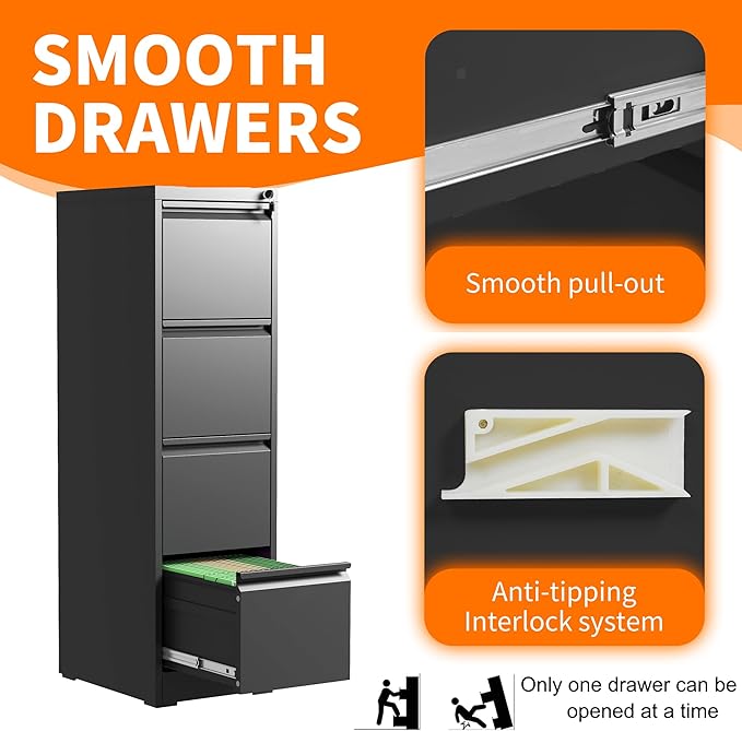 4 Drawer Metal File Cabinet with Lock Heavy Duty Lockable File Cabinets Home Office Steel Filing Cabinet Vertical File Cabinets for Legal/Letter Size File,Assembly Required