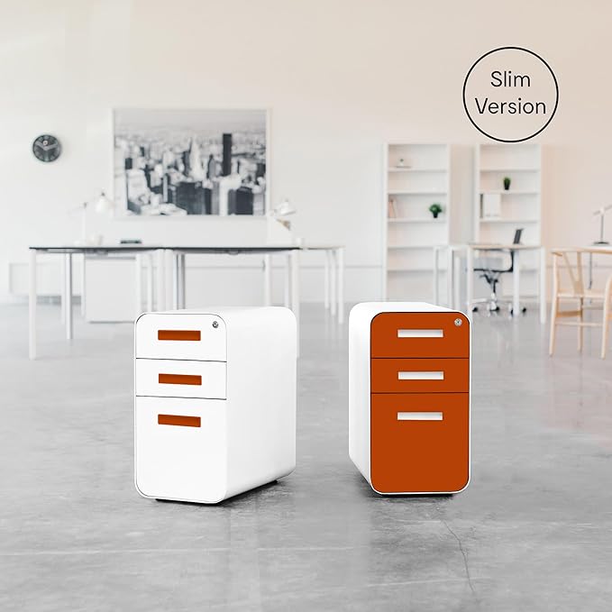 Laura Davidson Furniture Stockpile Slim 3-Drawer Mobile File Cabinet with Lock - Under Desk Metal Filing Cabinet, Legal/Letter File Folders, Wheels and Stationary Feet, Pre-Assembled, Orange Faceplate