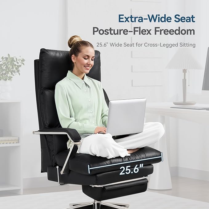 Reclining Office Chair with Footrest - 25.6" Wide Seat & Adjustable Seat Depth, Big and Tall High Back Leather Executive Home Office Desk Chair 400lbs, Black