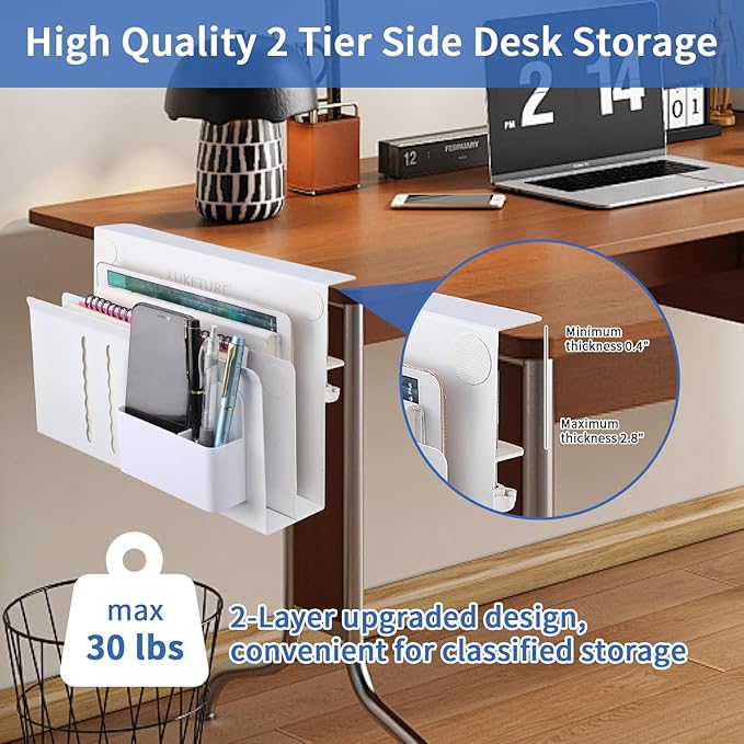 LUKETURE Desk Side Storage, 2 Tier Steel Hanging Organizer, No Drill Side Desk Organizer, Laptop Holder, with Pen Holder, Hanging Table Storage for Office and Home