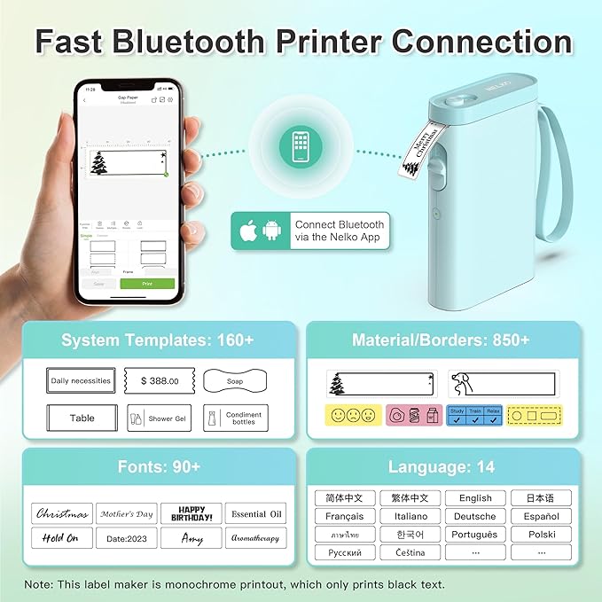 Nelko Label Maker Machine with Tape, P21 Bluetooth Label Printer, Wireless Mini Label Makers with Multiple Templates for Organizing Office Home, Cyan