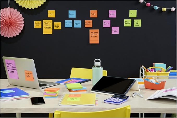 Post-it Super Sticky Notes, 12 Sticky Note Pads, 3 x 3 in., School Supplies, Office Products, Sticky Notes for Vertical Surfaces, Monitors, Walls and Windows, Energy Boost Collection