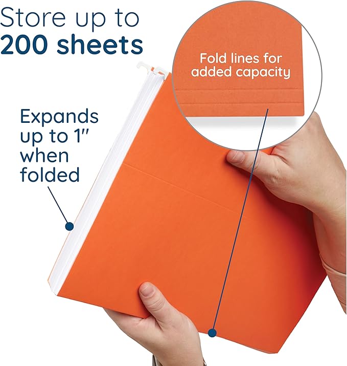 25 Blue Summit Supplies Legal Size Hanging Orange File Folders with Plastic Tabs and Inserts, 11pt Durable Paper, Legal Size File Folders for Office Organization