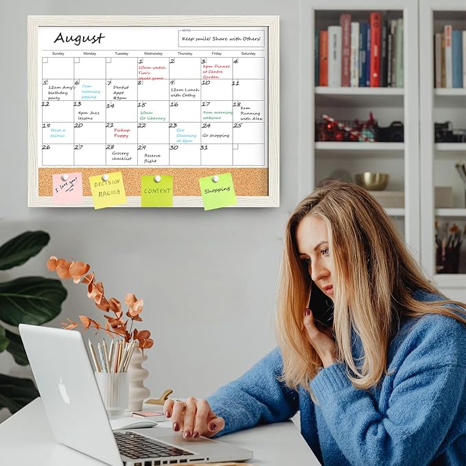Calendar Whiteboard for Wall, 18x24 Inches Whiteboard Calendar Cork Board Combo, Magnetic White Board Monthly Calendar with Wood Framed, Hanging Dry Erase Board for Kitchen Home Office Planner