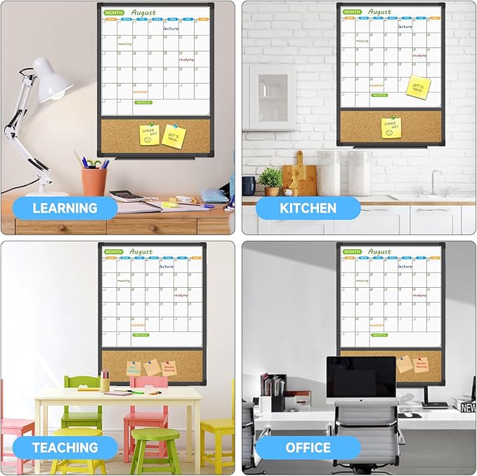 JILoffice Magnetic Calendar Whiteboard & Bulletin Corkboard Combination, Combo Board 20 x 28 Inch, Black Aluminum Frame Wall Mounted Board for Office Home and School with 10 Push Pins