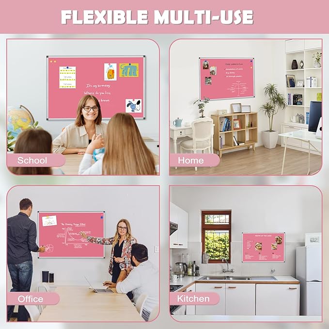 WALGLASS Magnetic Whiteboard 24"x18" Dry Erase White Board for Walls with Pen Tray, Aluminium Frame and Dry-Wipe Writing Surface for Kids' Drawing, Home, and Office (Pink)