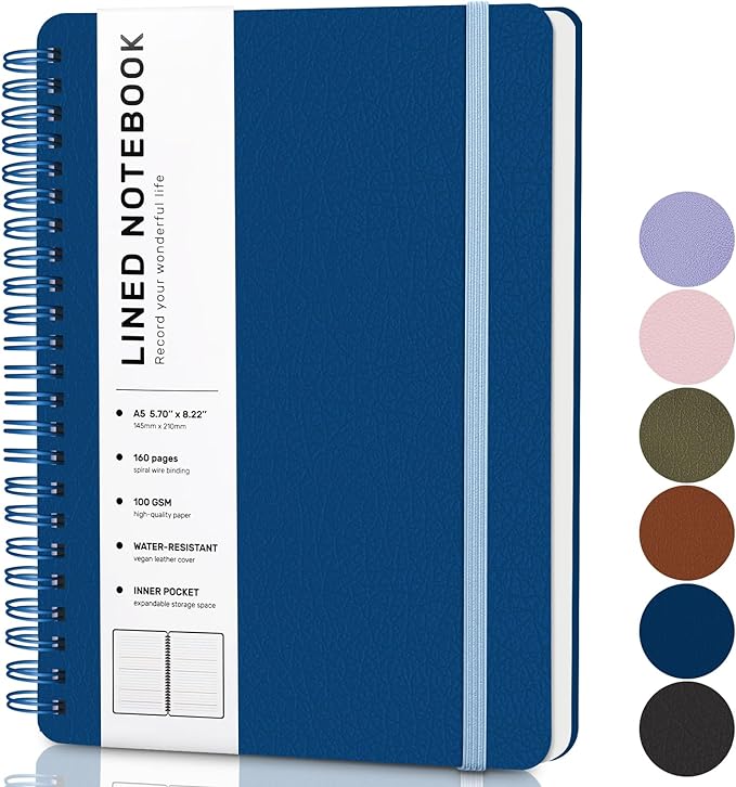 ABERLLS Blue Lined Spiral Journal Notebook with 160 Pages, 8×5.7in, A5 Spiral Notebook, Journaling Notebooks for Work, School, Women, Men, College Ruled Spiral Notebook, Hardcover Leather Journals