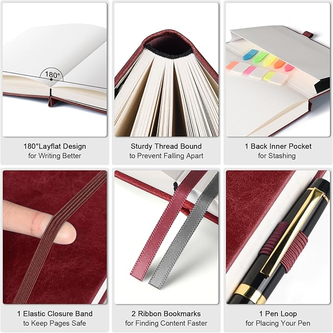 Graph Paper Notebook, 312 Numbered Pages A5 Hardcover Leather Journal, 100gsm No Bleed Grid Paper Notebook with Index Pages, Grid Notebook for Graphing Notes Math, 5.75" x 8.38", Burgundy
