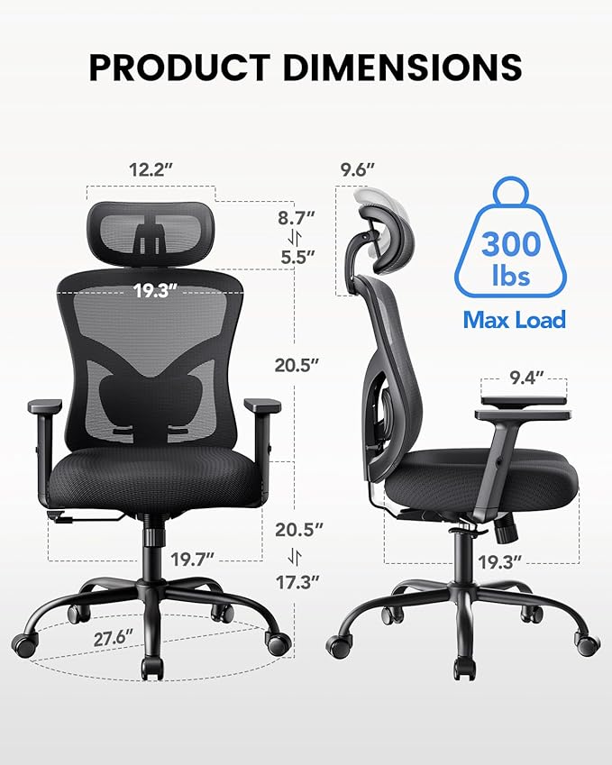 NOBLEWELL Ergonomic Office Chair with Padded Lumbar Support, 2D Headrest, Adjustable Armrests, Upgraded Contoured Seat Cushion, 130° Rocking Tilt, Computer Chair for Home Office, NWOC1-1