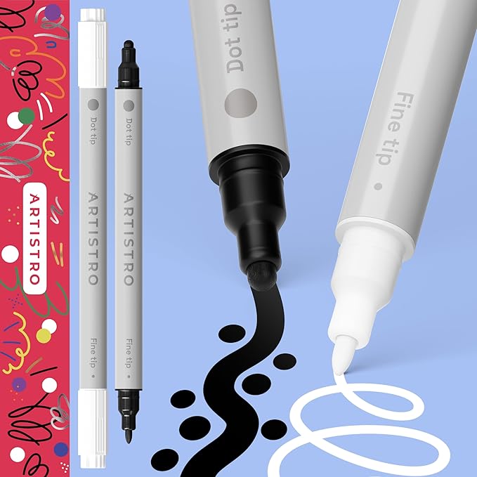 ARTISTRO 2 Black&White Dual-Tip Acrylic Paint Pens - Multisurface Markers for Fabric, Plastic, & More, 5mm Dot + 1mm Fine Tips