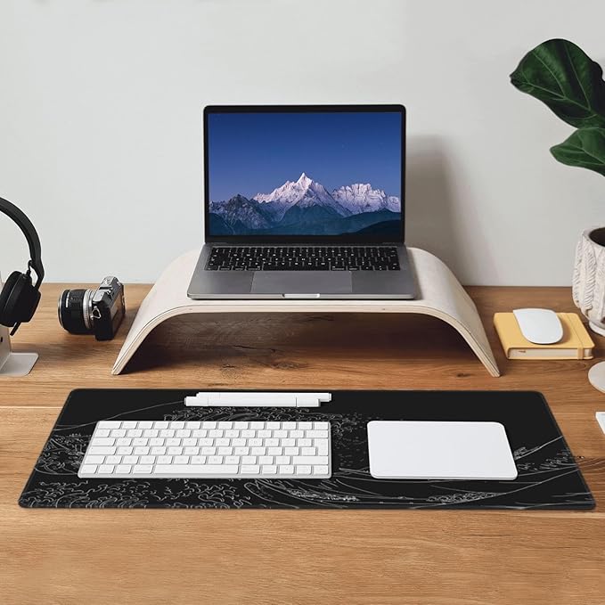 Extended Gaming Mouse Pad, Large Gaming Mouse Waterproof with Stitched Edges, Non-Slip Desktop Pad for Home and Office, Level Up Your 31.5x11.8 Inch… (Black Wave)