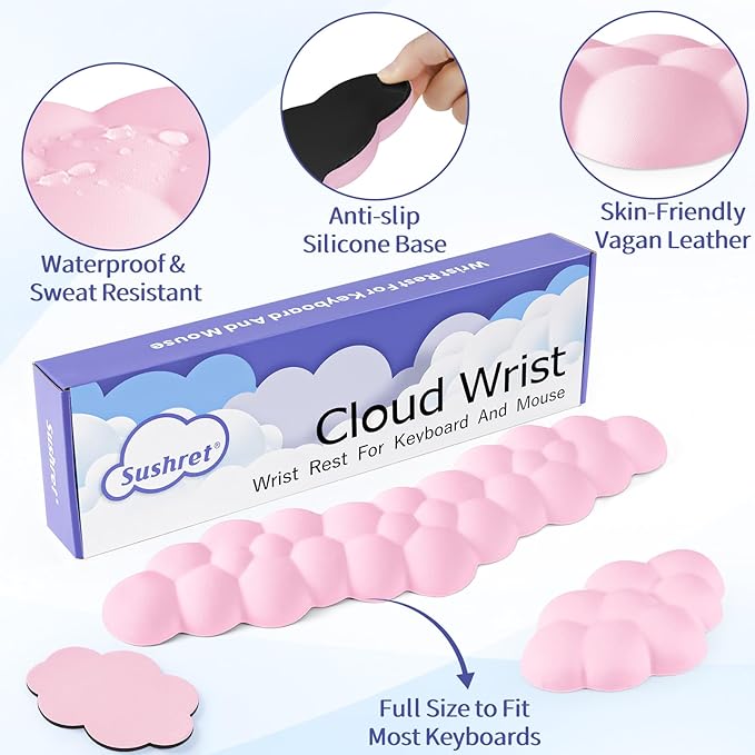 Cloud Wrist Rest Keyboard, Cloud Palm Rest Set with PU Leather Memory Foam, Cute Keyboard Rest for Wrist Support and Arm Rest, Desk Cloud Wrist Pad for PC/Gaming/Hand Cushion/Computer-Pink