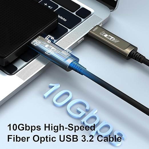 GeoHN.G USB C to C Fiber Optic Cable 50M/165FT, USB 3.2 10Gbps Long Distance Data Transfer USB C Extension Cable for VR, Camera, Mini PC, Laptop, Webcam, Printer and More