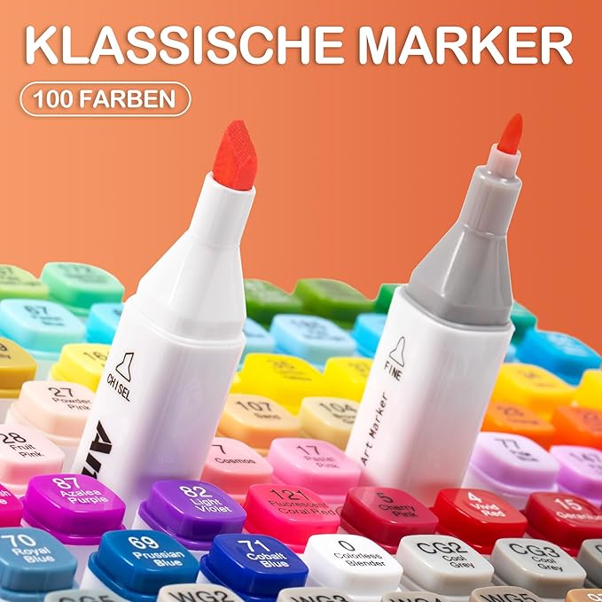 AnyMark Alcohol Markers, 100 Colors Dual Tip Art Coloring Markers Set for Kids Adult Book Drawing Sketching Painting, Chisel & Fine, White Penholder