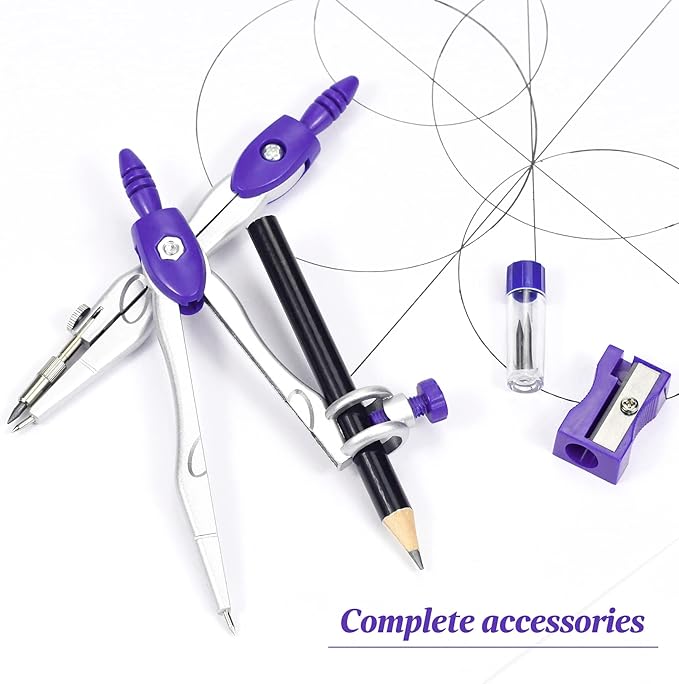 Math Geometry Kit Sets 10 Piece Student Supplies with Shatterproof Storage Box,Includes Rulers,Protractor,Compass,Eraser,Pencil Sharpener,Lead Refills,Pencil,for Drafting（Purple）