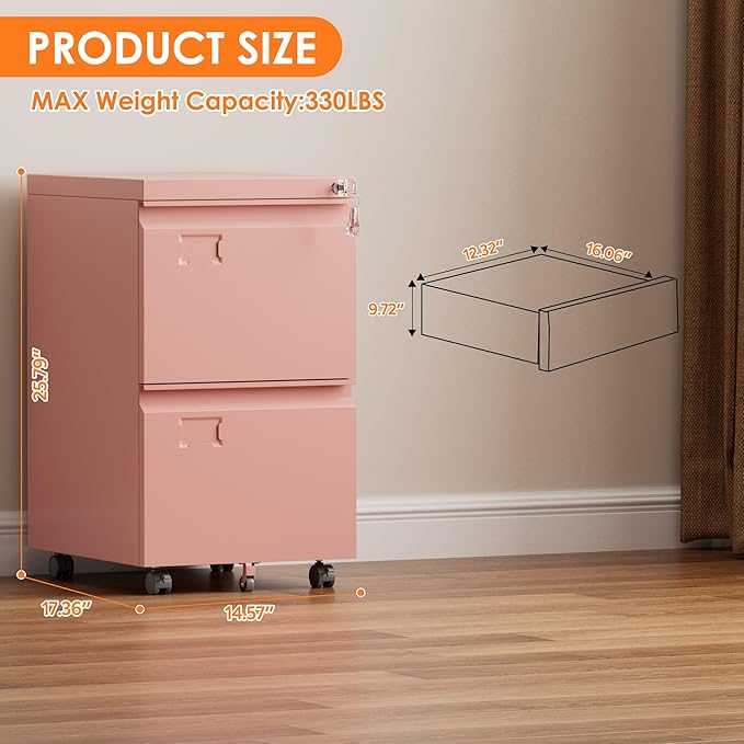 Aobabo Metal 2 Drawer Office File Cabinet with Lock, Under Desk Office Steel Files Cabinet on Wheels, 25.6''H Legal/Letter A4 Size, Assembly Required, Pink