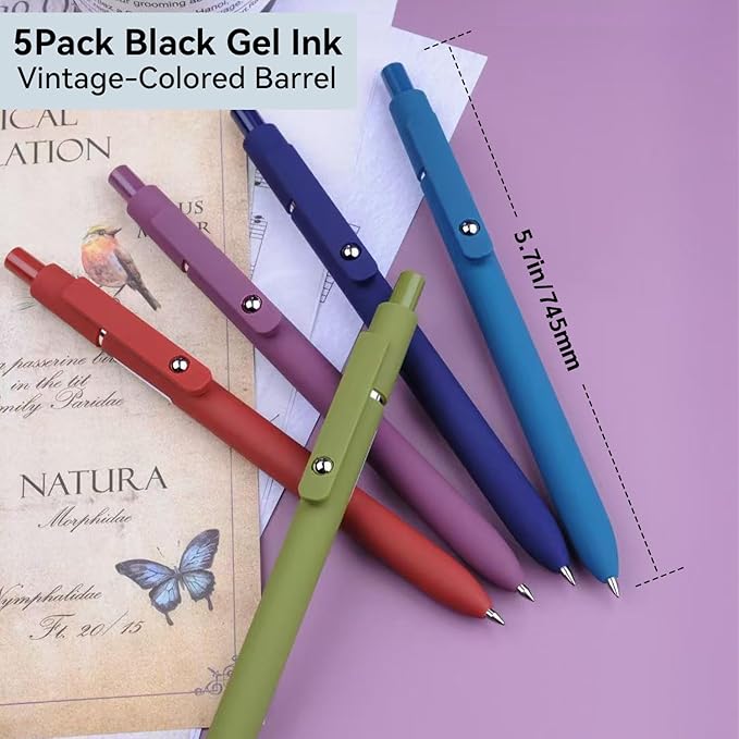 Gel Pens, 5Pcs 0.5mm Fine Point Black Ink Pens With Smooth Wirting,Office Desk Accessories,Quick Dry Pens For Journaling,Ballpoint for School Supplies, Gift for Women Men Student(Retro)