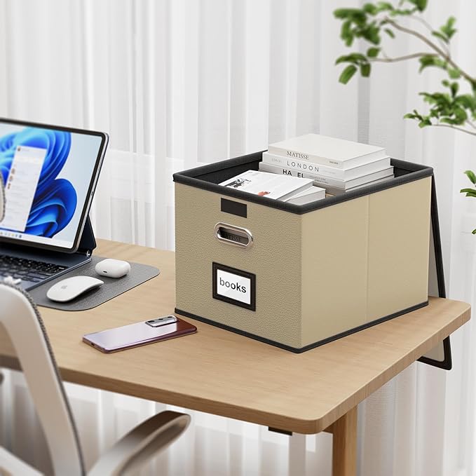 Huolewa File Organizer Boxes with Lids, Collapsible Faux Leather Hanging File Folder Box Organizer with Plastic Slide, Decorative Home/Office Filing System Boxes for File and Folders Storage