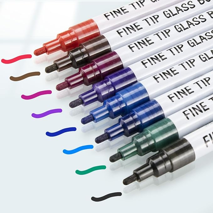 Maxtek Dry Erase Markers Fine Tip, Glass Board Markers for Glass, Window, Acrylic, Planning Board, 1mm Fine Points, 8 Bold Colors