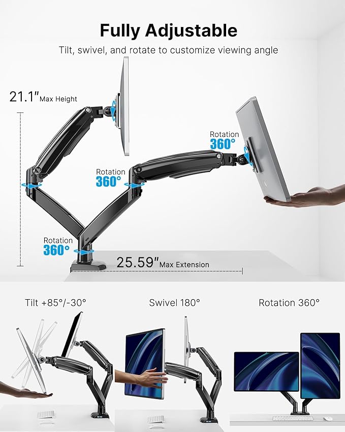 HUANUO Dual Monitor Stand for 13 to 40 inch, Premium Dual Monitor Mount with USB, Height Adjustable Monitor Stand for 2 Monitors, VESA Mount with Clamp/Grommet Base, Each Arm Hold up to 26.4lbs, HNDS7
