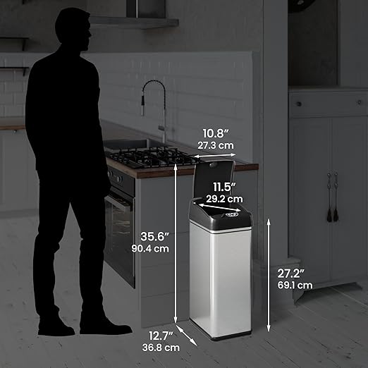 iTouchless 13 Gallon Dog Proof Trash Can with Odor Filter, Motion Sensor Stainless Steel Kitchen Trashcan Garbage Bin for Home Office Work Bedroom Living Room Garage Large Capacity Slim Wastebasket