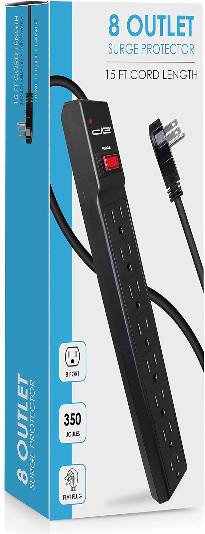 Digital Energy 15 FT 8 Outlet Surge Protector Power Strip - 15 AMP, 1875 W, 125 V, 350 J Surge Protection, ETL Listed - Flat Plug, Black