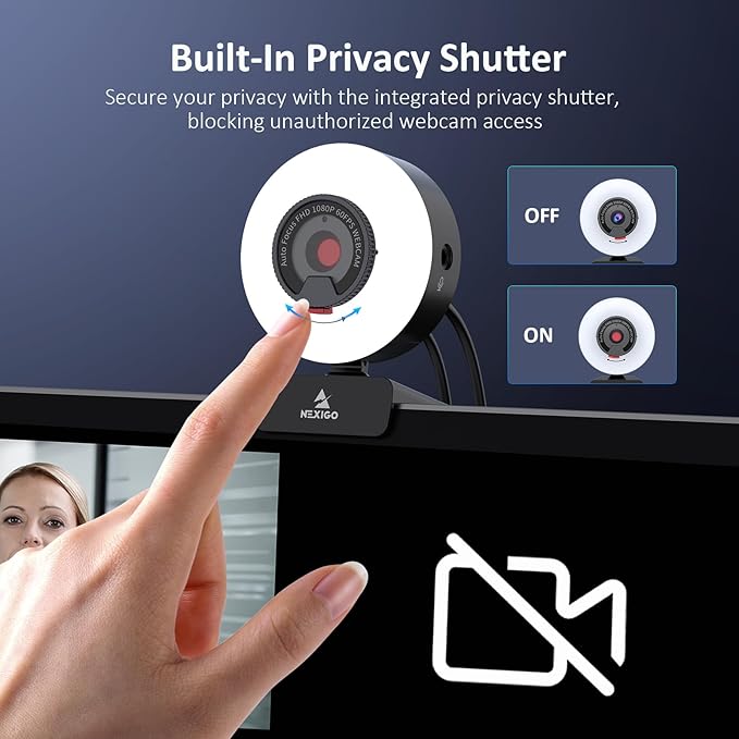 NexiGo N960E Pro 60FPS Webcam with Mic/Headset Jack and Extra USB Port, 1080P Web Camera with Light, Fast AutoFocus, Built-in Privacy Cover, for Zoom Meeting Skype Teams Twitch