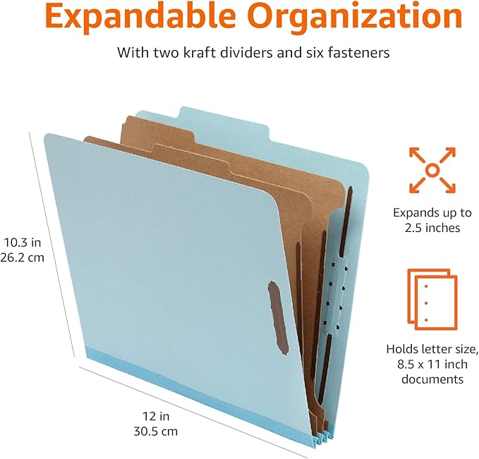 Amazon Basics Classification Folder, 100% Recycled, 2 Dividers, 2" Embedded, 12.17 x 10.39 inch (Letter), Light Blue, 10 Count per Box